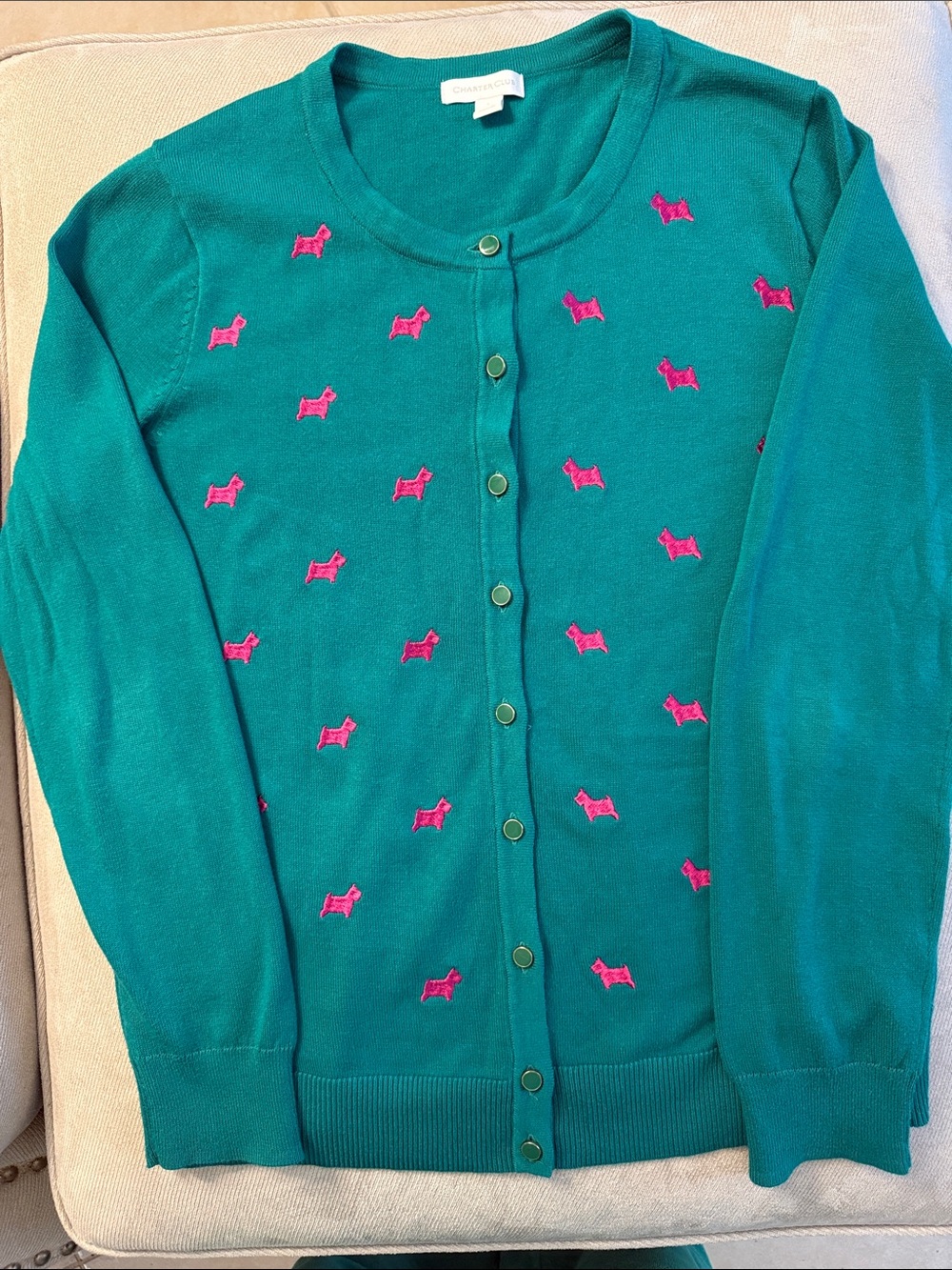 Charter Club Scottie Dog Cardigan Sweater – Women’s Large – Teal & Pink